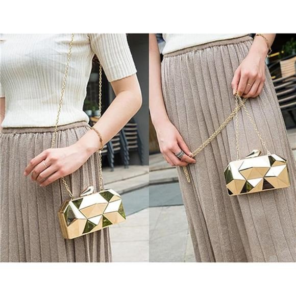 Women Lattice Pattern Metal Handbag Chain Geometric Evening Clutch Purse - Picture 6 of 6